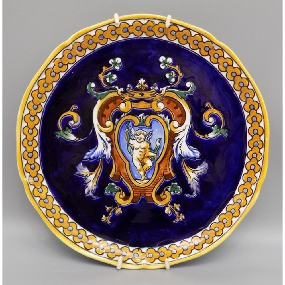 Gien Renaissance Fond Bleu Plate Vintage France Cherub French Porcelain Blue